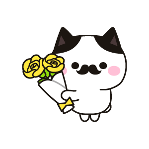 黄色いバラを持つ紳士のネコ（ハチワレ）