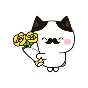 黄色いバラを持つ笑顔の紳士のネコ（ハチワレ）