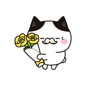 黄色いバラを持つお年寄りのネコ（ハチワレ）