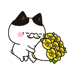 黄色いバラの花束を持つお年寄りのネコ（ハチワレ）
