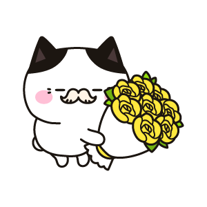 黄色いバラの花束を持つお年寄りのネコ（ハチワレ）