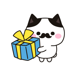 青い包装のプレゼントを持つ紳士のネコ（ハチワレ）
