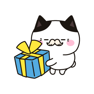 青い包装のプレゼントを持つお年寄りのネコ（ハチワレ）
