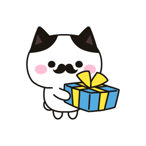 青い包装の小さいプレゼントを持つ紳士のネコ（ハチワレ）