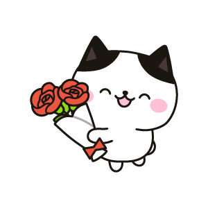 赤色のバラを持つ笑顔のネコ（ハチワレ）