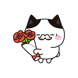 赤色のバラを持つお年寄りのネコ（ハチワレ）