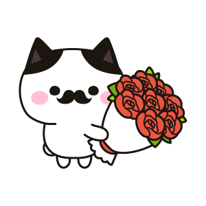 赤色のバラの花束を持つ紳士のネコ（ハチワレ）