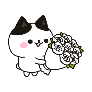 白色のバラの花束を持つネコ（ハチワレ）