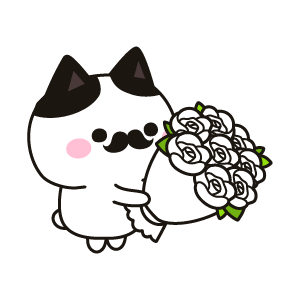 白色のバラの花束を持つ紳士のネコ（ハチワレ）