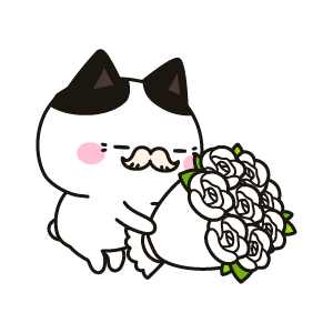 白色のバラの花束を持つお年寄りのネコ（ハチワレ）