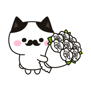 白色のバラの花束を持つ紳士のネコ（ハチワレ）