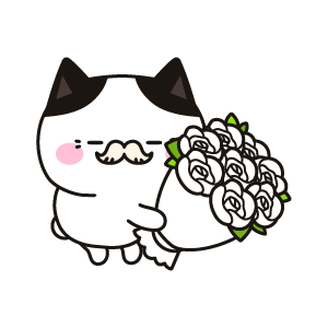 白色のバラの花束を持つお年寄りのネコ（ハチワレ）