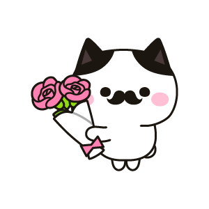 ピンク色ののバラを持つ紳士のネコ（ハチワレ）
