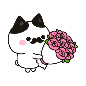 ピンク色ののバラの花束を持つ紳士のネコ（ハチワレ）