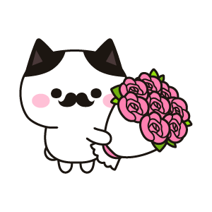 ピンク色ののバラの花束を持つ紳士のネコ（ハチワレ）
